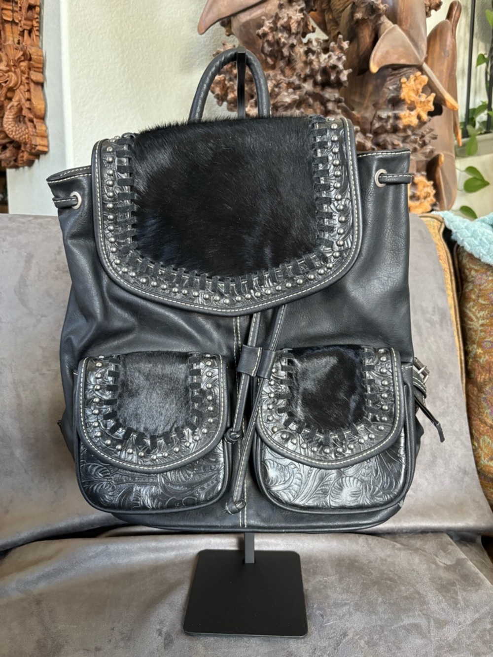 Black Leather & Haircalf Drawstring Backpack with Stud Accents